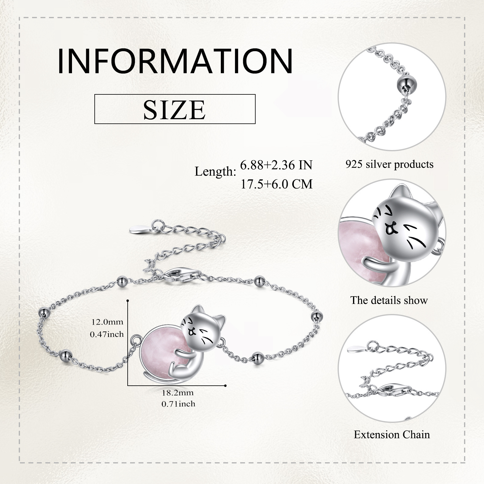YFN 925 Silver Cat Bracelet with Rose Quartz Anklet